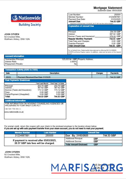 Blank United Kingdom Nationwide bank mortgage statement in Word and PDF formats example